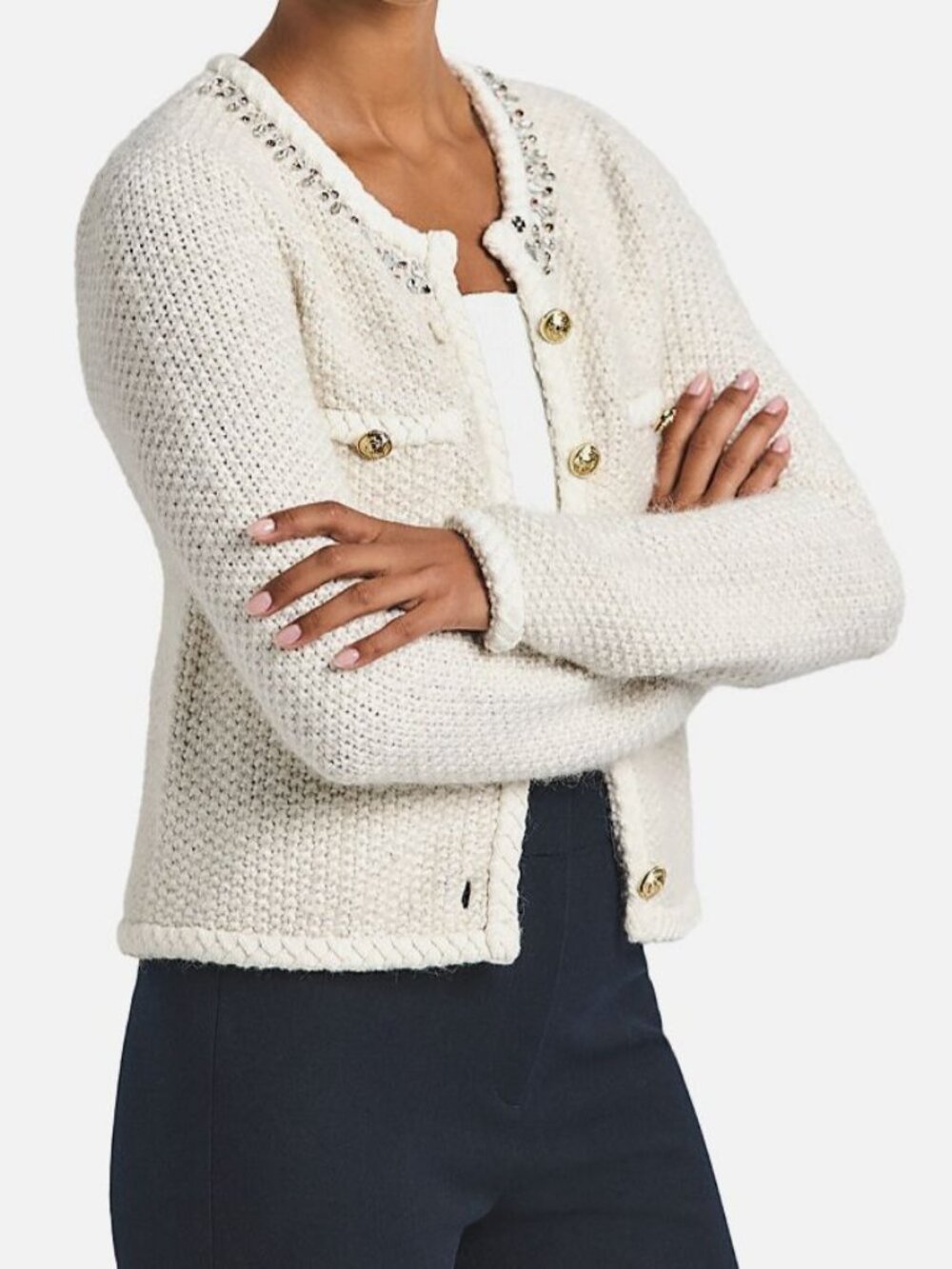 Derek Lam 10 Crosby Women's Beige Zaria Embellished Cardigan Sweater M